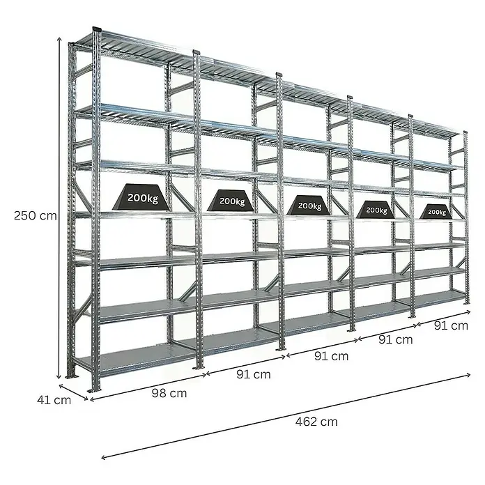 Proregal Metallregal Fachbodenregal PROXIMO 1x Grundregal + 4x Anbauregal - H x B x T: 240 x 90 x 40 cm, Traglast pro Boden: 200 kg, Anzahl Böden: 7 Stk., Stecken, Verzinkt - Abbildung eines grauen Metallregals mit mehreren Ebenen und Gewichtsangaben zur Veranschaulichung der Belastbarkeit.