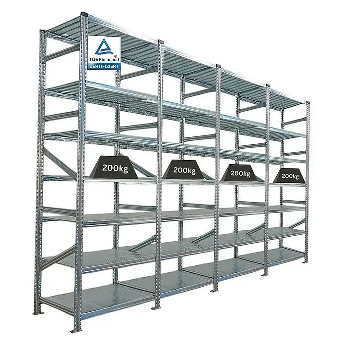 Proregal Metallregal Fachbodenregal PROXIMO 1x Grundregal + 3x Anbauregal - H x B x T: 240 x 90 x 60 cm, Traglast pro Boden: 200 kg, Anzahl Böden: 7 Stk., Stecken, Verzinkt - Schwerlastregal mit vier Fächern, zertifiziert durch TÜV Rheinland, für eine Last von 200kg pro Fach geeignet.