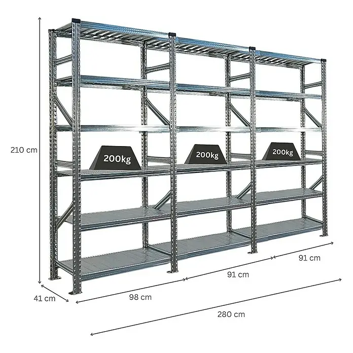 Proregal Metallregal Fachbodenregal PROXIMO 1x Grundregal + 2x Anbauregal - Traglast pro Boden: 200 kg, Anzahl Böden: 6 Stk., Stecken, Verzinkt - Metallregal mit fünf Ebenen und Gewichtsangabe zur Demonstration der Belastbarkeit, ideal für Lagerhaltung und Organisation.