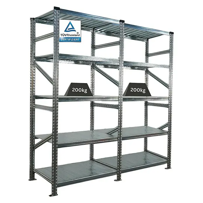 Proregal Metallregal Fachbodenregal PROXIMO 1x Grundregal + 1x Anbauregal - Traglast pro Boden: 200 kg, Anzahl Böden: 5 Stk., Stecken, Verzinkt - Bild eines Schwerlastregals aus Metall mit fünf Regalböden, zwei davon mit je 200 kg belastet, und TÜV-Rheinland-Zertifikat.