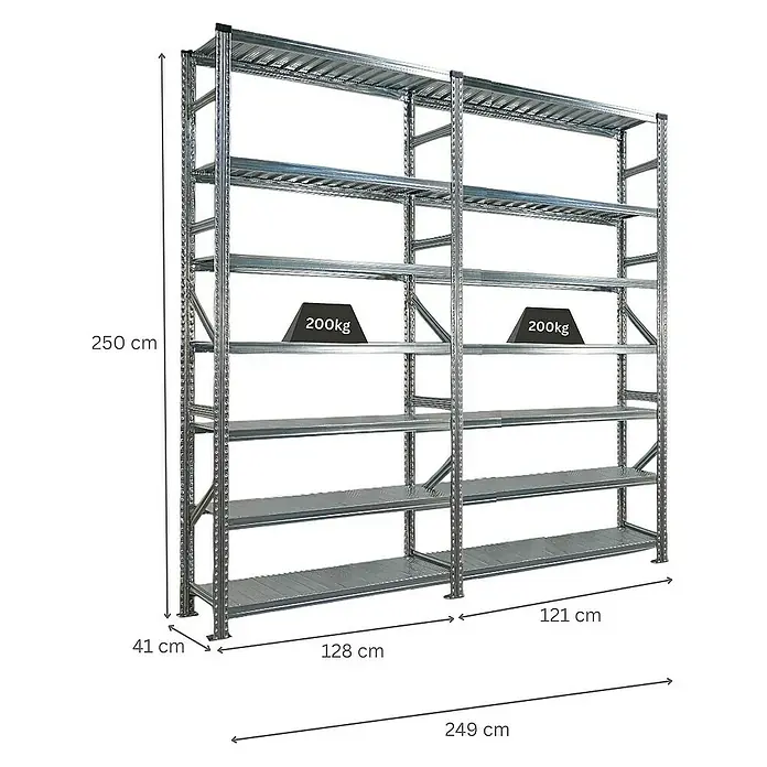 Proregal Metallregal Fachbodenregal PROXIMO 1x Grundregal + 1x Anbauregal - Traglast pro Boden: 200 kg, Anzahl Böden: 7 Stk., Stecken, Verzinkt - Metallregal mit sechs Regalböden, Abmessungen: 249 cm breit, 250 cm hoch, 41 cm tief. Die Regale tragen Gewichte bis zu 200kg.