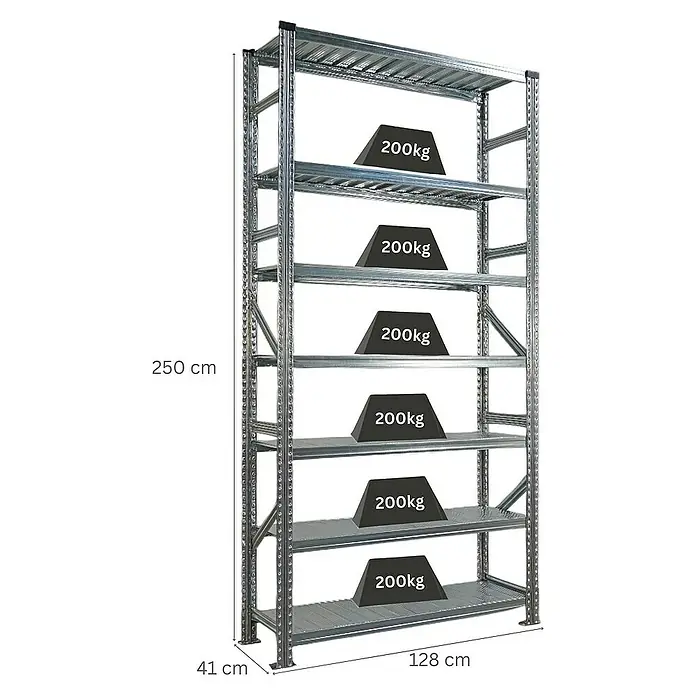 Proregal Metallregal Fachbodenregal PROXIMO Grundregal - Traglast pro Boden: 200 kg, Anzahl Böden: 7 Stk., Stecken, Verzinkt - Bild eines stabilen Metallregals mit sechs Ebenen, jede belastbar mit 200kg, ideal für Lagerung und Organisation.