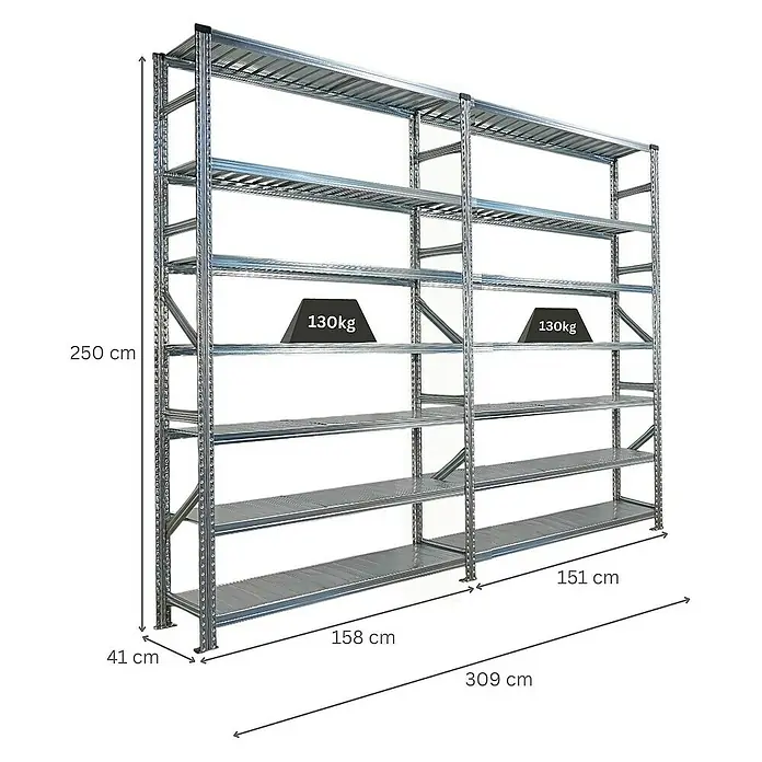 Proregal Metallregal Fachbodenregal PROXIMO 1x Grundregal + 1x Anbauregal - Traglast pro Boden: 200 kg, Anzahl Böden: 7 Stk., Stecken, Verzinkt - Metallregalsystem mit mehreren Ebenen und Angaben zu Abmessungen und Gewicht.\n