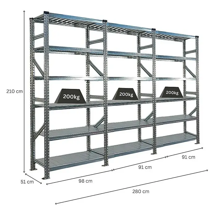 Proregal Metallregal Fachbodenregal PROXIMO 1x Grundregal + 2x Anbauregal - Traglast pro Boden: 200 kg, Anzahl Böden: 6 Stk., Stecken, Verzinkt - Ein dreiteiliges, silbernes Metallregal mit vier Ablageflächen, von denen eine mit 200kg beladen ist, mit Maßangaben.