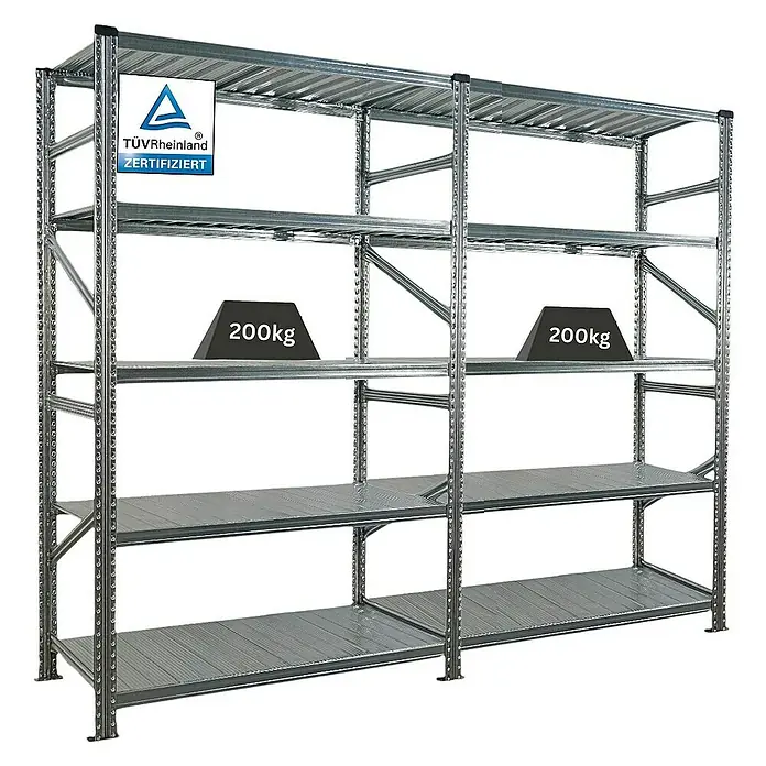 Proregal Metallregal Fachbodenregal PROXIMO 1x Grundregal + 1x Anbauregal - Traglast pro Boden: 200 kg, Anzahl Böden: 5 Stk., Stecken, Verzinkt - Regale aus Metall mit Gewichtsangabe. Schwerlastregal mit Fachböden, belastbar mit je 200kg.