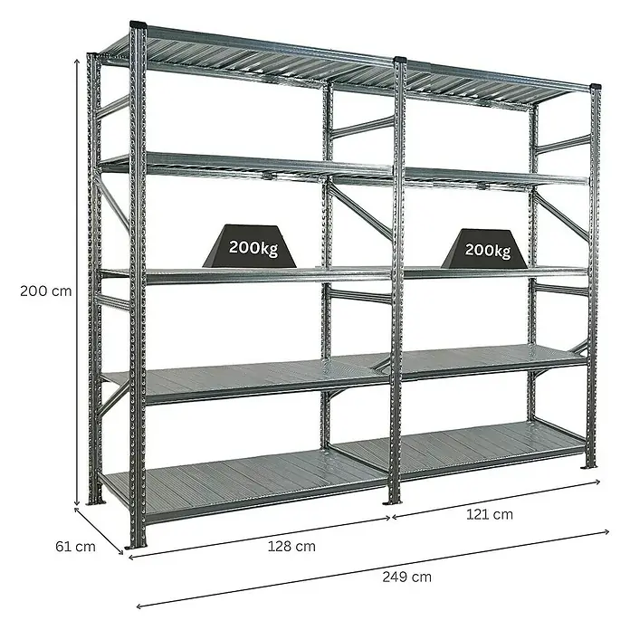 Proregal Metallregal Fachbodenregal PROXIMO 1x Grundregal + 1x Anbauregal - Traglast pro Boden: 200 kg, Anzahl Böden: 5 Stk., Stecken, Verzinkt - Abbildung eines robusten Metallregals mit mehreren Ebenen und Gewichtsangaben.