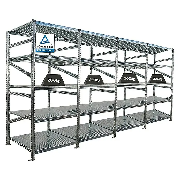 Proregal Metallregal Fachbodenregal PROXIMO 1x Grundregal + 3x Anbauregal - Traglast pro Boden: 200 kg, Anzahl Böden: 5 Stk., Stecken, Verzinkt - Ein langes, verzinktes Schwerlastregal mit vier Ebenen, auf denen jeweils 200kg schwere Gewichte platziert sind, geprüft vom TÜV Rheinland.