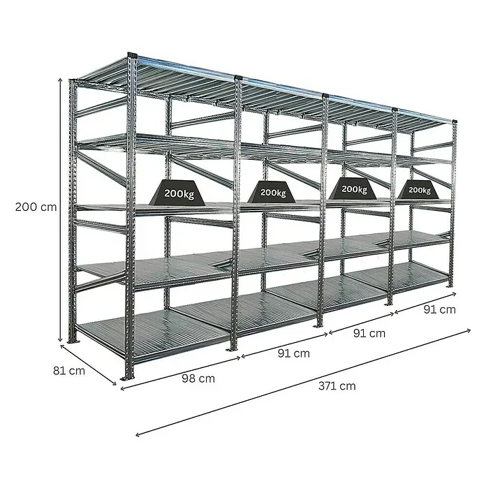 Proregal Metallregal Fachbodenregal PROXIMO 1x Grundregal + 3x Anbauregal - Traglast pro Boden: 200 kg, Anzahl Böden: 5 Stk., Stecken, Verzinkt - Ein robustes Metallregal mit mehreren Ebenen und Gewichtsangaben zur Verdeutlichung der Traglast.