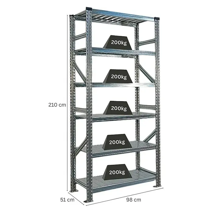 Proregal Metallregal Fachbodenregal PROXIMO Grundregal - Traglast pro Boden: 200 kg, Anzahl Böden: 6 Stk., Stecken, Verzinkt - Regal mit fünf Ebenen, belastbar mit je 200 kg, ideal für Lagerung.