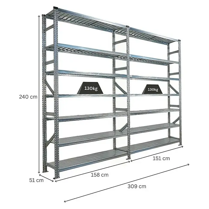 Proregal Metallregal Fachbodenregal PROXIMO 1x Grundregal + 1x Anbauregal - H x B x T: 240 x 150 x 50 cm, Traglast pro Boden: 200 kg, Anzahl Böden: 7 Stk., Stecken, Verzinkt - Metallregal mit fünf Ebenen und Maßangaben, ideal für Lagerung und Organisation, mit einer Höhe von 240 cm.