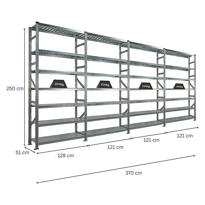 Proregal Metallregal Fachbodenregal PROXIMO 1x Grundregal + 3x Anbauregal - Traglast pro Boden: 200 kg, Anzahl Böden: 7 Stk., Stecken, Verzinkt - Abbildung eines robusten Regalsystems mit mehreren Ebenen, ideal für Lagerhaltung und Organisation.
