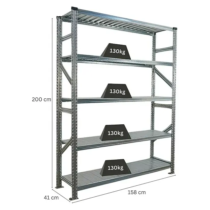 Proregal Metallregal Fachbodenregal PROXIMO Grundregal - Traglast pro Boden: 130 kg, Anzahl Böden: 5 Stk., Stecken, Verzinkt - Ein Metallregal mit vier Ebenen, auf denen jeweils Gewichte von 130 kg platziert sind. Die Maße des Regals sind angegeben.