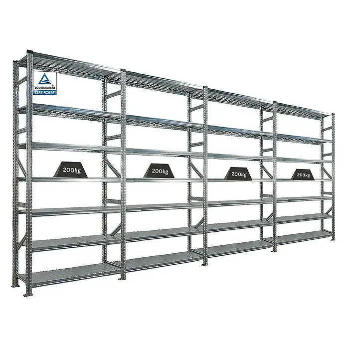 Proregal Metallregal Fachbodenregal PROXIMO 1x Grundregal + 3x Anbauregal - Traglast pro Boden: 200 kg, Anzahl Böden: 7 Stk., Stecken, Verzinkt - Stabiles Metallregal mit mehreren Ebenen, geprüft und zertifiziert, belastbar bis 200 kg pro Fachboden, ideal für Lager und Werkstatt.