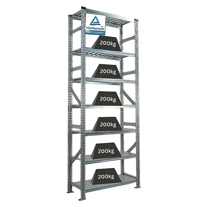 Proregal Metallregal Fachbodenregal PROXIMO Grundregal - Traglast pro Boden: 200 kg, Anzahl Böden: 7 Stk., Stecken, Verzinkt - Schwerlastregal mit sechs Regalböden, jeweils mit Gewichten von 200 kg belastet, TÜV Rheinland zertifiziert für hohe Sicherheit.