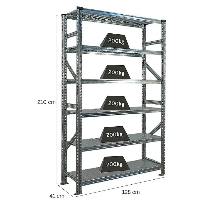 Proregal Metallregal Fachbodenregal PROXIMO Grundregal - Traglast pro Boden: 200 kg, Anzahl Böden: 6 Stk., Stecken, Verzinkt - Schwerlastregal mit fünf Ebenen und Gewichten.