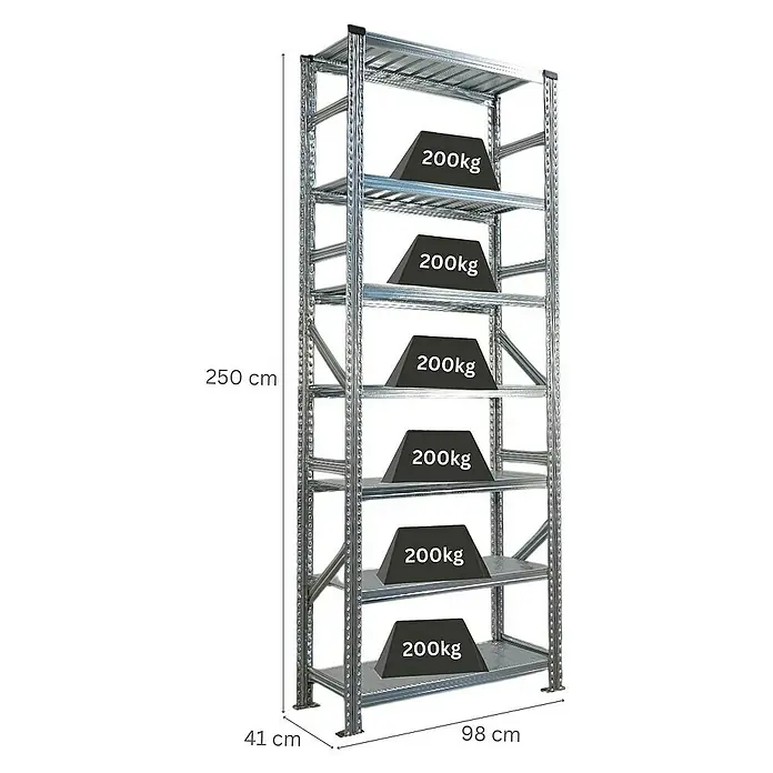 Proregal Metallregal Fachbodenregal PROXIMO Grundregal - Traglast pro Boden: 200 kg, Anzahl Böden: 7 Stk., Stecken, Verzinkt - Ein stabiles Metallregal mit sechs Regalböden, jeweils mit einem Gewicht von 200 kg beladen, ideal für Lagerung und Organisation.
