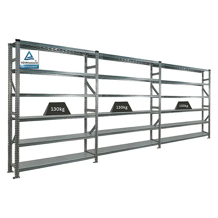 Proregal Metallregal Fachbodenregal PROXIMO 1x Grundregal + 2x Anbauregal - Traglast pro Boden: 200 kg, Anzahl Böden: 6 Stk., Stecken, Verzinkt - Schwerlastregal mit 130kg Lasten auf jeder Ebene. Robustes Lagerregal für Ordnung und Sicherheit im Lager.