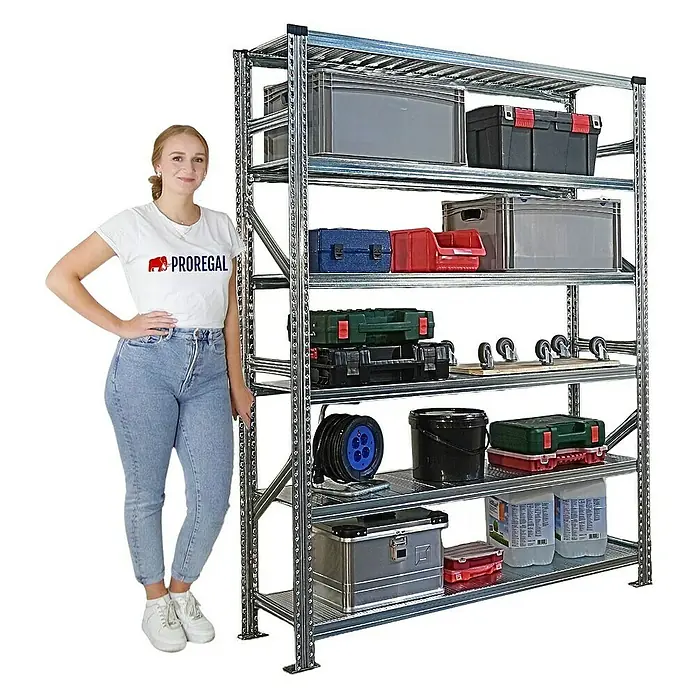 Proregal Metallregal Fachbodenregal PROXIMO 1x Grundregal + 2x Anbauregal - Traglast pro Boden: 200 kg, Anzahl Böden: 6 Stk., Stecken, Verzinkt - Regal mit verschiedenen Boxen und Behältern, daneben steht eine Frau.