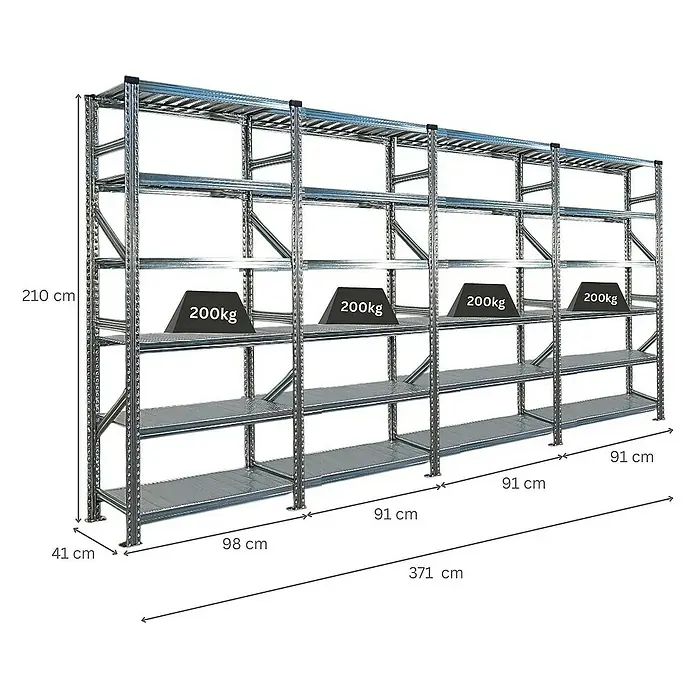 Proregal Metallregal Fachbodenregal PROXIMO 1x Grundregal + 3x Anbauregal - Traglast pro Boden: 200 kg, Anzahl Böden: 6 Stk., Stecken, Verzinkt - Abbildung eines robusten Lagerregals aus Metall mit mehreren Ebenen zur Aufbewahrung und Organisation von Gegenständen.