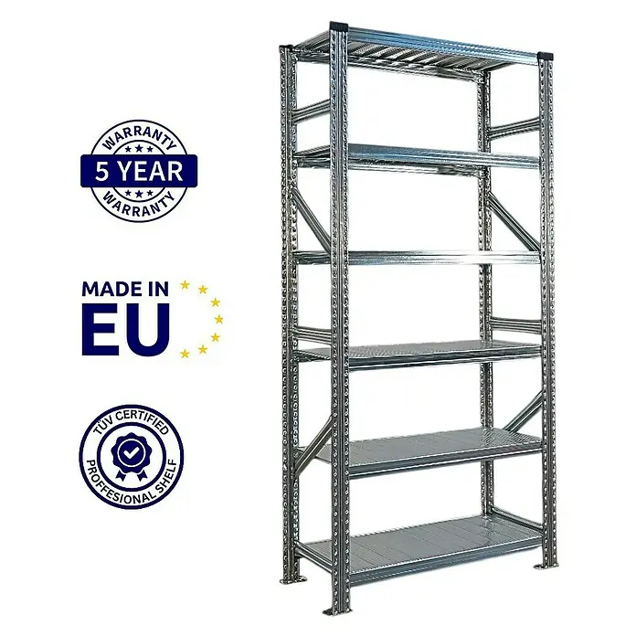 Proregal Metallregal Fachbodenregal PROXIMO 1x Grundregal + 3x Anbauregal - Traglast pro Boden: 200 kg, Anzahl Böden: 6 Stk., Stecken, Verzinkt - Produktabbildung eines stabilen Metallregals mit fünf Regalböden für Lagerung und Organisation.