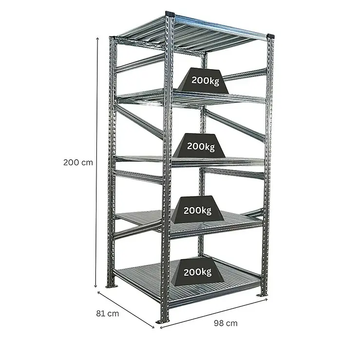 Proregal Metallregal Fachbodenregal PROXIMO Grundregal - Traglast pro Boden: 200 kg, Anzahl Böden: 5 Stk., Stecken, Verzinkt - Abbildung eines Schwerlastregals mit vier Ebenen, das jeweils mit 200 kg belastet ist, zur optimalen Lagerung.