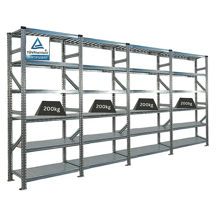 Proregal Metallregal Fachbodenregal PROXIMO 1x Grundregal + 3x Anbauregal - Traglast pro Boden: 200 kg, Anzahl Böden: 6 Stk., Stecken, Verzinkt - Lagerregal aus Metall mit vier Regalebenen und Gewichten zur Veranschaulichung der Tragfähigkeit.