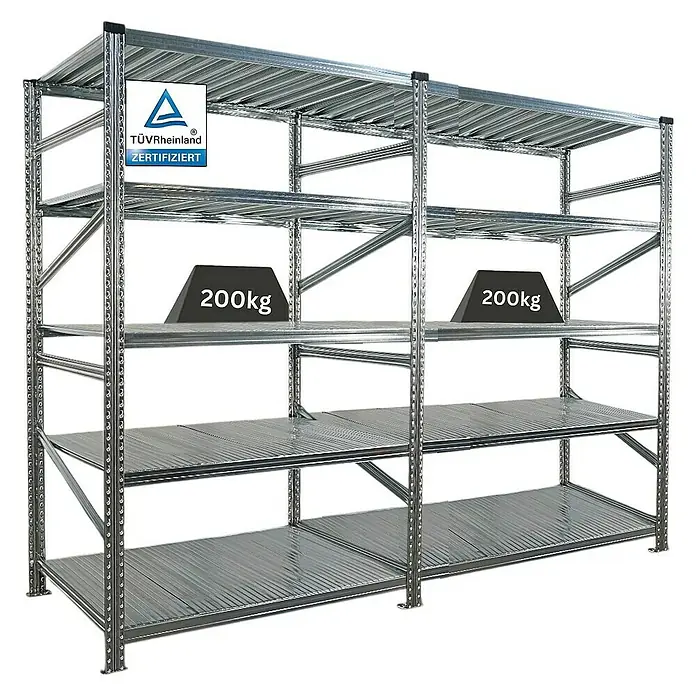 Proregal Metallregal Fachbodenregal PROXIMO 1x Grundregal + 1x Anbauregal - Traglast pro Boden: 200 kg, Anzahl Böden: 5 Stk., Stecken, Verzinkt - Stabiles Schwerlastregal mit mehreren Ebenen, ideal für Lagerung. Zertifiziert mit TÜV Rheinland.
