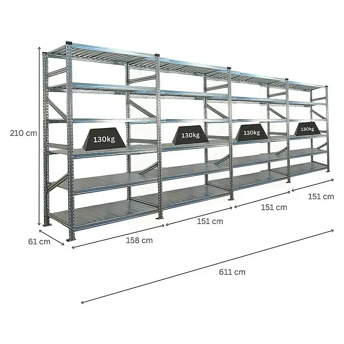 Proregal Metallregal Fachbodenregal PROXIMO 1x Grundregal + 3x Anbauregal - Traglast pro Boden: 200 kg, Anzahl Böden: 6 Stk., Stecken, Verzinkt - Abbildung eines Schwerlastregals mit mehreren Ebenen und Gewichtsangaben.