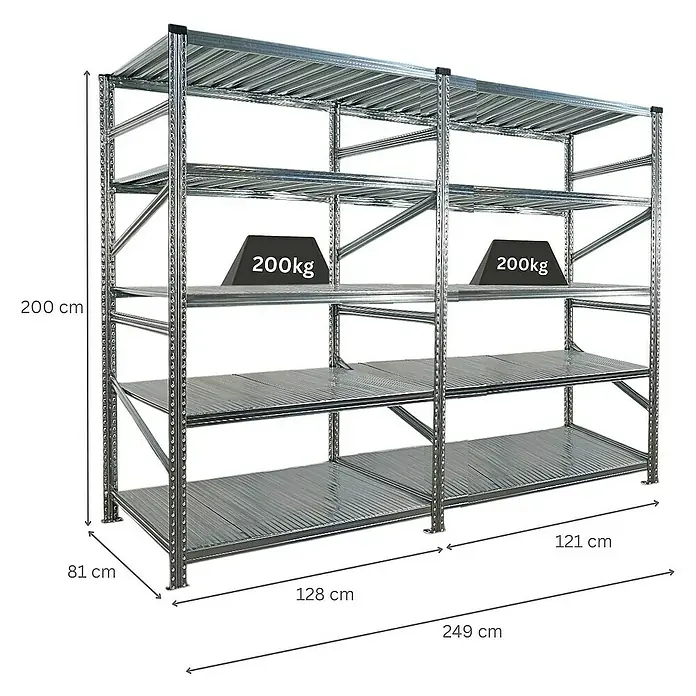 Proregal Metallregal Fachbodenregal PROXIMO 1x Grundregal + 1x Anbauregal - Traglast pro Boden: 200 kg, Anzahl Böden: 5 Stk., Stecken, Verzinkt - Ein robustes Metallregal mit fünf Ebenen und Gewichtsangaben. Ideal für Lagerung.