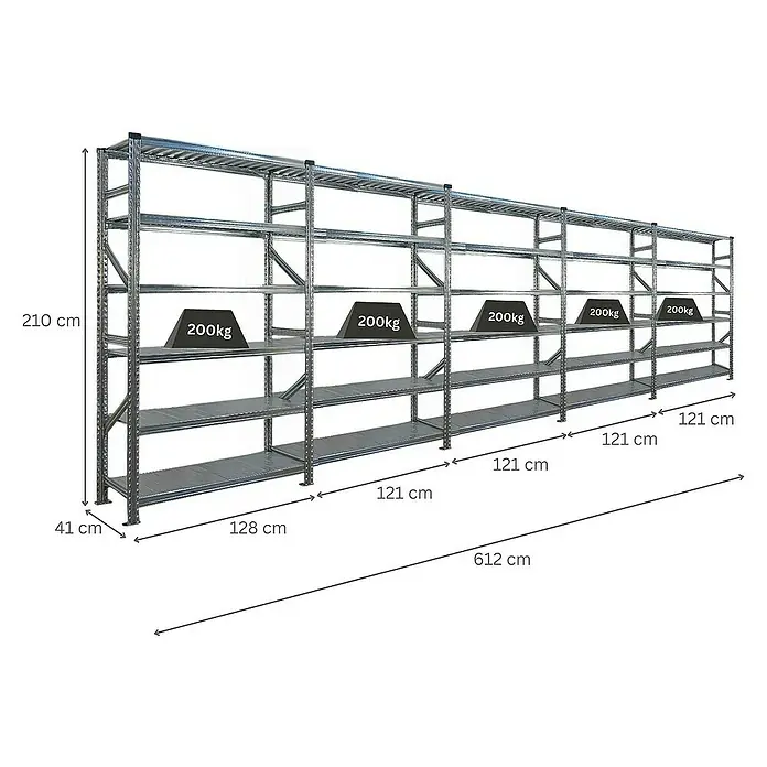 Proregal Metallregal Fachbodenregal PROXIMO 1x Grundregal + 4x Anbauregal - Traglast pro Boden: 200 kg, Anzahl Böden: 6 Stk., Stecken, Verzinkt - Ein langes, modulares Schwerlastregal aus Metall mit mehreren Ebenen und Gewichtsangaben auf einigen Regalböden.
