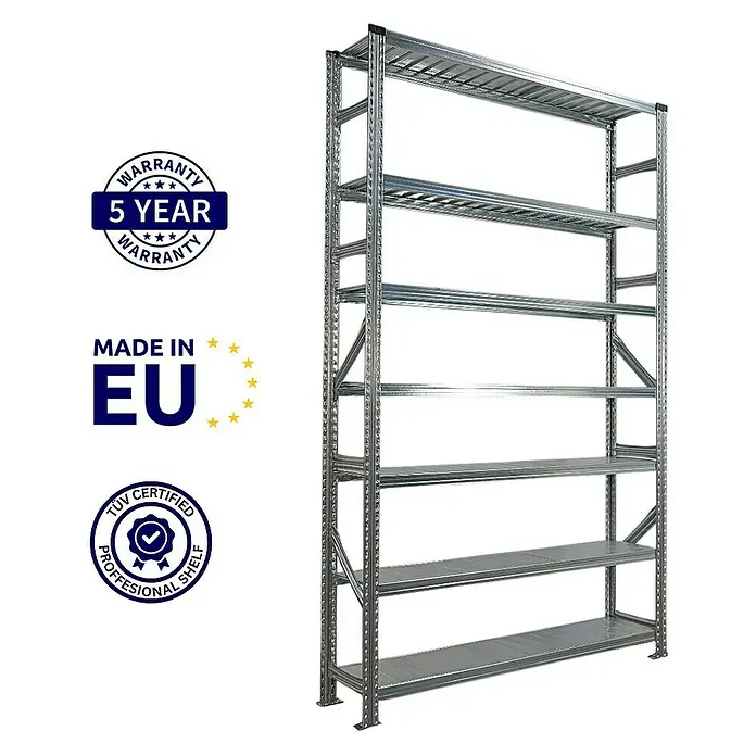 Proregal Metallregal Fachbodenregal PROXIMO 1x Grundregal + 4x Anbauregal - Traglast pro Boden: 200 kg, Anzahl Böden: 7 Stk., Stecken, Verzinkt - Ein robustes, silbernes Metallregal mit mehreren Ebenen für Lagerung und Organisation, ideal für Werkstätten oder Lager.