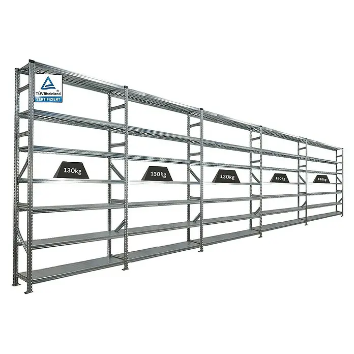 Proregal Metallregal Fachbodenregal PROXIMO 1x Grundregal + 4x Anbauregal - Traglast pro Boden: 200 kg, Anzahl Böden: 7 Stk., Stecken, Verzinkt - Langes, stabiles Metallregal mit mehreren Ebenen und Gewichtsangabe.