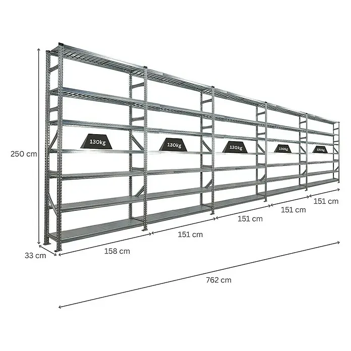 Proregal Metallregal Fachbodenregal PROXIMO 1x Grundregal + 4x Anbauregal - Traglast pro Boden: 200 kg, Anzahl Böden: 7 Stk., Stecken, Verzinkt - Darstellung eines robusten Lagerregals aus Metall mit mehreren Ebenen und Gewichtsangaben für jede Ebene.