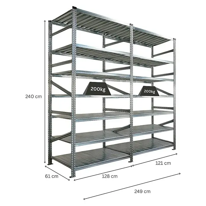 Proregal Metallregal Fachbodenregal PROXIMO 1x Grundregal + 1x Anbauregal - H x B x T: 240 x 120 x 60 cm, Traglast pro Boden: 200 kg, Anzahl Böden: 7 Stk., Stecken, Verzinkt - Bild eines silbernen Schwerlastregals mit fünf Ebenen und Maßangaben. Belastbarkeit bis zu 200kg pro Ebene.