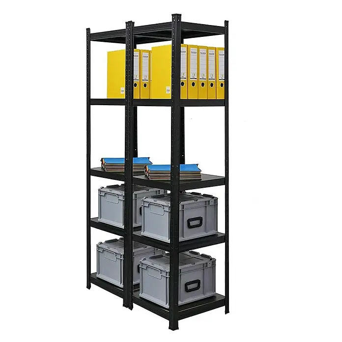 Proregal Metallregal Wohnregal Mega Deal Ragnar - H x B x T: 180 x 45 x 45 cm, Traglast pro Boden: 100 kg, Anzahl Böden: 4 Stk., Stecken, Schwarz - Ein schwarzes Metallregal mit fünf Fächern, gefüllt mit gelben Ordnern, blauen Akten und grauen Aufbewahrungsboxen. Das Regal bietet viel Stauraum.