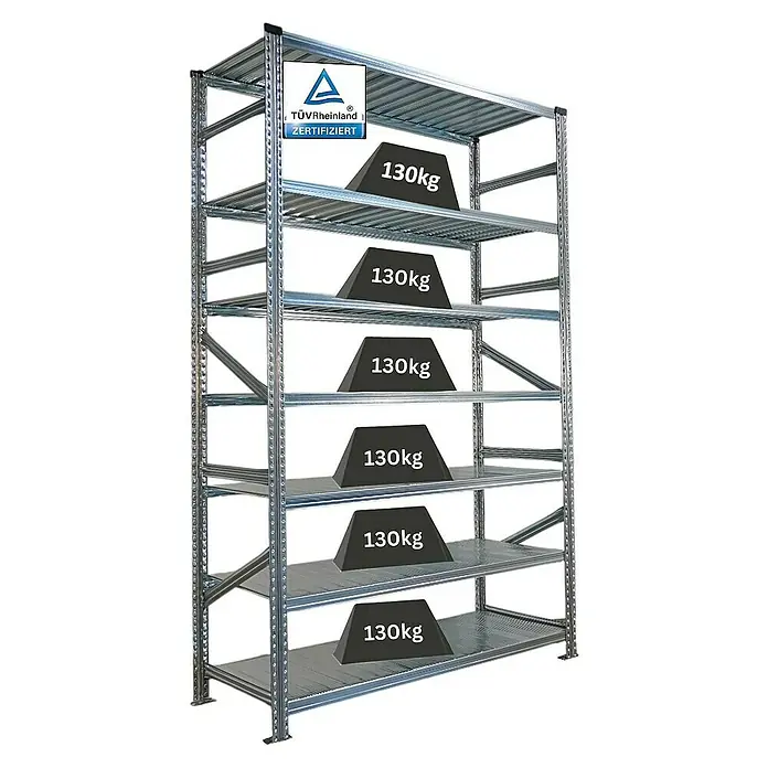 Proregal Metallregal Fachbodenregal PROXIMO Grundregal - Traglast pro Boden: 200 kg, Anzahl Böden: 7 Stk., Stecken, Verzinkt - Das Bild zeigt ein robustes Metallregal mit sechs Ebenen, jede mit einer Belastung von 130 kg, zertifiziert von TÜV Rheinland.