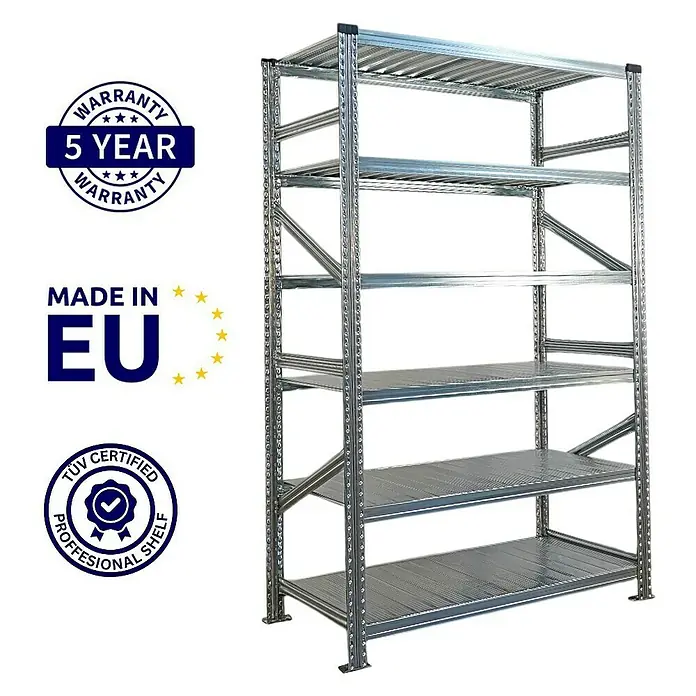 Proregal Metallregal Fachbodenregal PROXIMO 1x Grundregal + 1x Anbauregal - Traglast pro Boden: 200 kg, Anzahl Böden: 6 Stk., Stecken, Verzinkt - Ein robustes Metallregal mit fünf Ebenen, ideal für Lagerung und Organisation. Das Regal ist TÜV-geprüft und bietet eine 5-Jahres-Garantie.