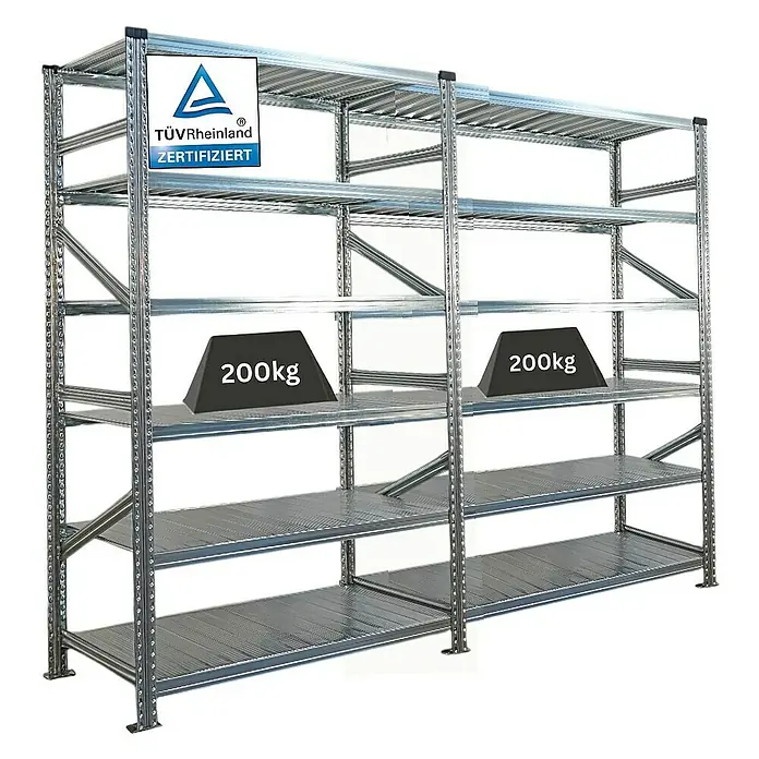 Proregal Metallregal Fachbodenregal PROXIMO 1x Grundregal + 1x Anbauregal - Traglast pro Boden: 200 kg, Anzahl Böden: 6 Stk., Stecken, Verzinkt - Regal aus Metall mit TÜV-Zertifizierung und Gewichtsangaben.