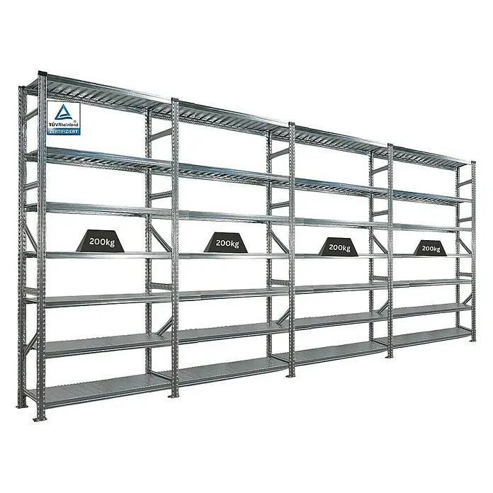 Proregal Metallregal Fachbodenregal PROXIMO 1x Grundregal + 3x Anbauregal - Traglast pro Boden: 200 kg, Anzahl Böden: 7 Stk., Stecken, Verzinkt - Produktabbildung eines Schwerlastregals aus Metall, das mit Gewichten von 200 kg belastet ist. Das Regal ist TÜV-Rheinland zertifiziert.