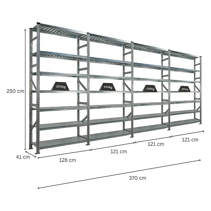 Proregal Metallregal Fachbodenregal PROXIMO 1x Grundregal + 3x Anbauregal - Traglast pro Boden: 200 kg, Anzahl Böden: 7 Stk., Stecken, Verzinkt - Ansicht eines Regalsystems aus Metall mit mehreren Ebenen und Maßangaben.