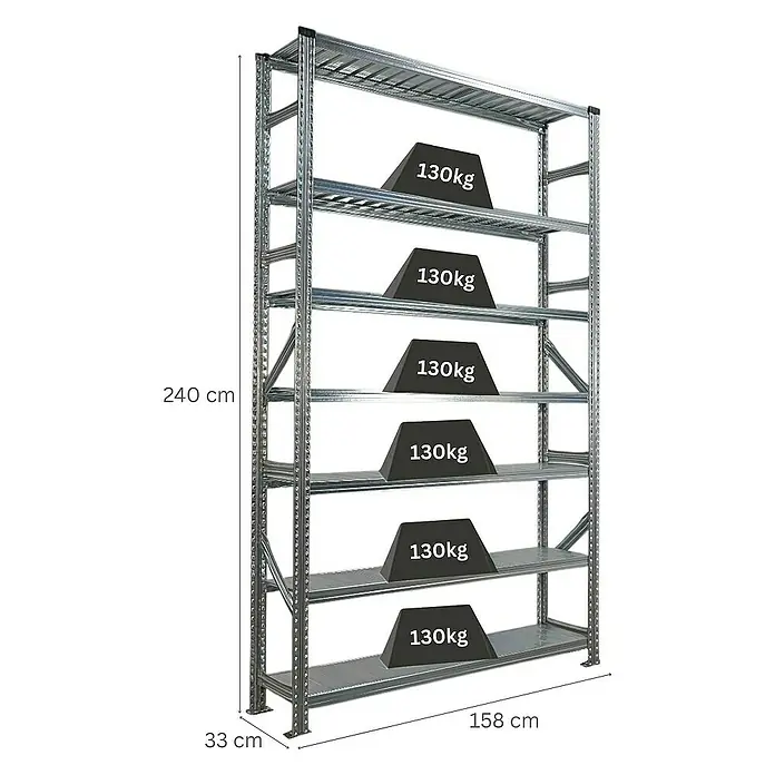 Proregal Metallregal Fachbodenregal PROXIMO Grundregal - H x B x T: 240 x 150 x 32 cm, Traglast pro Boden: 200 kg, Anzahl Böden: 7 Stk., Stecken, Verzinkt - Regal mit sechs Ebenen, beladen mit Gewichten von je 130 kg. Die Abmessungen des Regals sind 240 x 158 x 33 cm. Ideal für Lagerung.