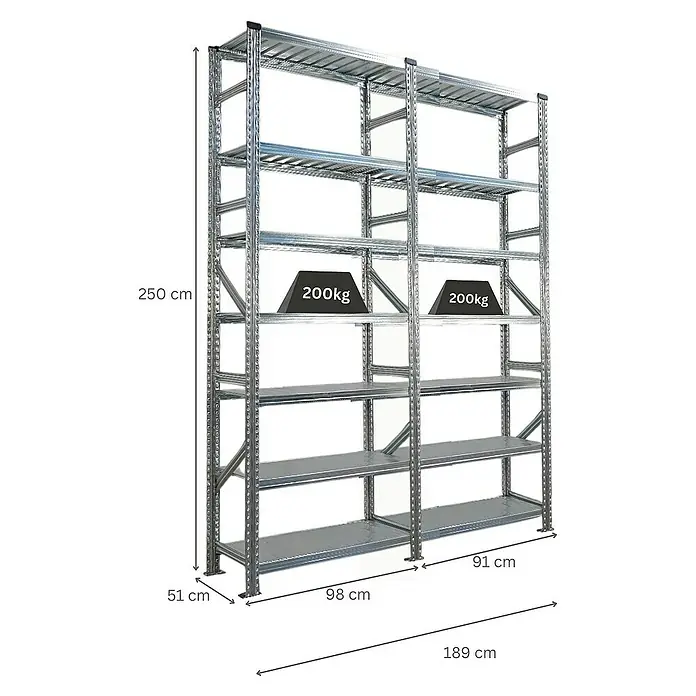 Proregal Metallregal Fachbodenregal PROXIMO 1x Grundregal + 1x Anbauregal - Traglast pro Boden: 200 kg, Anzahl Böden: 7 Stk., Stecken, Verzinkt - Bild eines robusten Metallregals mit mehreren Ebenen, ideal für Lagerung und Organisation.