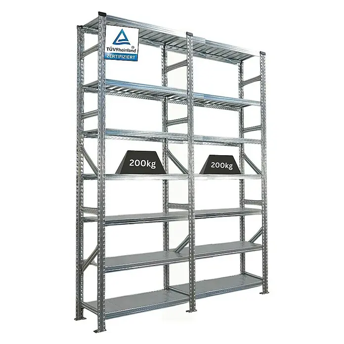 Proregal Metallregal Fachbodenregal PROXIMO 1x Grundregal + 1x Anbauregal - Traglast pro Boden: 200 kg, Anzahl Böden: 7 Stk., Stecken, Verzinkt - Metallregal mit mehreren Ebenen, zertifiziert und mit Gewichten von 200 kg auf einer Ebene belastet.