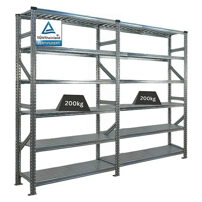 Proregal Metallregal Fachbodenregal PROXIMO 1x Grundregal + 1x Anbauregal - Traglast pro Boden: 200 kg, Anzahl Böden: 6 Stk., Stecken, Verzinkt - Regalsystem mit TÜV-Zertifizierung, belastbar mit 200kg pro Ebene, ideal für Lagerung und Organisation.