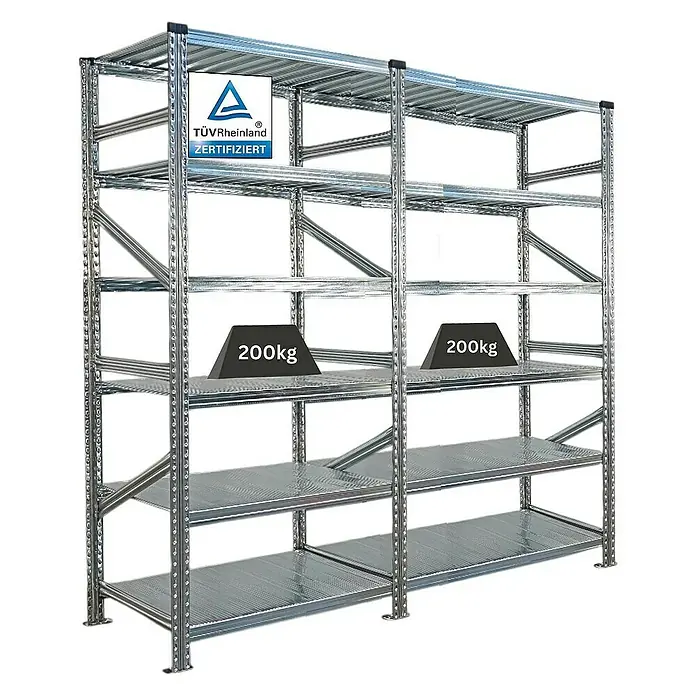 Proregal Metallregal Fachbodenregal PROXIMO 1x Grundregal + 1x Anbauregal - Traglast pro Boden: 200 kg, Anzahl Böden: 6 Stk., Stecken, Verzinkt - Bild eines Metallregals mit mehreren Ebenen, auf denen Gewichte platziert sind, zertifiziert von TÜV Rheinland.\n