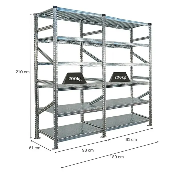 Proregal Metallregal Fachbodenregal PROXIMO 1x Grundregal + 1x Anbauregal - Traglast pro Boden: 200 kg, Anzahl Böden: 6 Stk., Stecken, Verzinkt - Das Bild zeigt ein Regal aus Metall mit mehreren Ebenen und Gewichten darauf. Die Abmessungen des Regals sind ebenfalls angegeben.