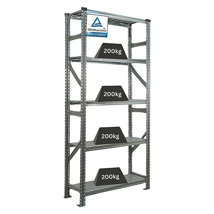 Proregal Metallregal Fachbodenregal PROXIMO Grundregal - Traglast pro Boden: 200 kg, Anzahl Böden: 5 Stk., Stecken, Verzinkt - Schwerlastregal mit vier Ebenen und jeweils 200kg Belastung, TÜV Rheinland zertifiziert für Sicherheit und Qualität.