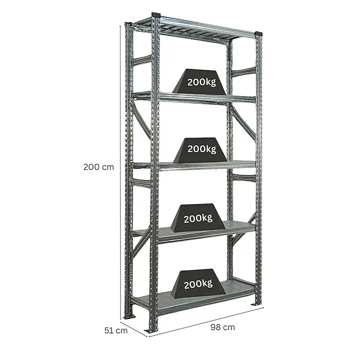 Proregal Metallregal Fachbodenregal PROXIMO Grundregal - Traglast pro Boden: 200 kg, Anzahl Böden: 5 Stk., Stecken, Verzinkt - Abbildung eines Metallregals mit vier Regalböden, jeweils mit Gewichten von 200 kg belastet. Die Maße des Regals sind 200 cm hoch, 98 cm breit und 51 cm tief.