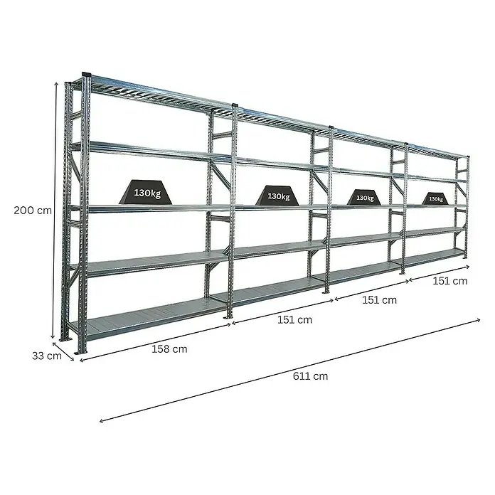 Proregal Metallregal Fachbodenregal PROXIMO 1x Grundregal + 3x Anbauregal - Traglast pro Boden: 130 kg, Anzahl Böden: 5 Stk., Stecken, Verzinkt - Metallregal mit vier Ebenen und Gewichtsangaben. Ideal für Lagerung und Organisation mit hoher Traglast pro Ebene.