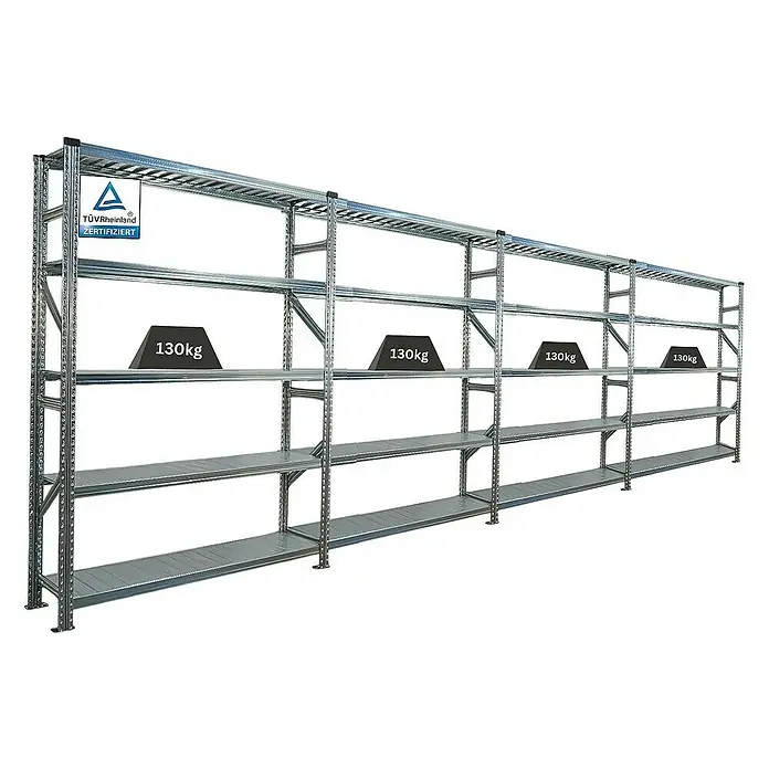 Proregal Metallregal Fachbodenregal PROXIMO 1x Grundregal + 3x Anbauregal - Traglast pro Boden: 130 kg, Anzahl Böden: 5 Stk., Stecken, Verzinkt - Ein robustes, graues Lagerregal mit vier Ebenen, das mit Gewichten von 130 kg belastet ist, ideal für die industrielle Lagerung und Organisation.